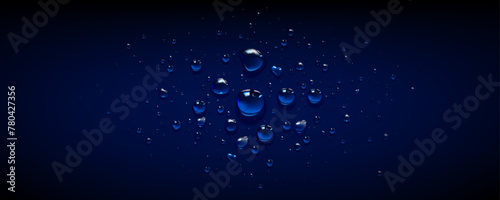 Rain splash water drop on blue surface background. Clean bubble pattern with liquid dew texture. Abstract 3d realistic wet wallpaper with light reflection. Macro shower waterdrop cover concept
