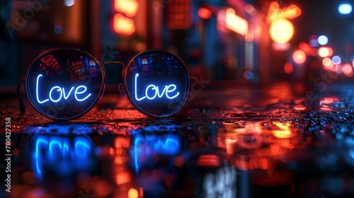 AI-generated illustration of sunglasses on the road with the word "Love" in blue neon lights