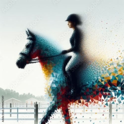 Eequestrian in colorful triangles illustration with Generative AI.