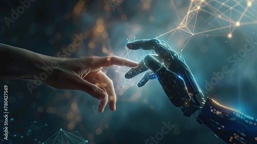 Metaverse technology Hand of robot and human connected photo