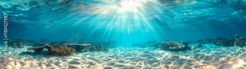 The underwater world in clear azure water, with sunlight penetrating under the water. Banner.