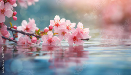 Close-up of pink blossoms in the water. Beautiful flowers. Floral branch. Spring season.