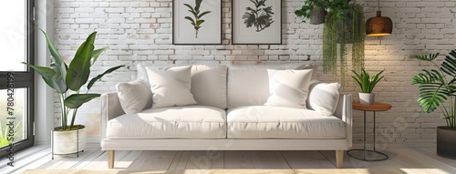 a small unit living room adorned with minimalist style, featuring soft brick accents, a comfortable sofa, and latex paint walls in a serene milk white hue. photo