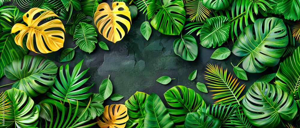 Minimalist Tropical Leaf Design, Green Monstera Against a Grey Background, Modern Botanical Art