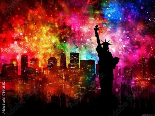 Vibrant illustration of nyc skyline featuring the silhouette of the statue of liberty on a colorful backdrop