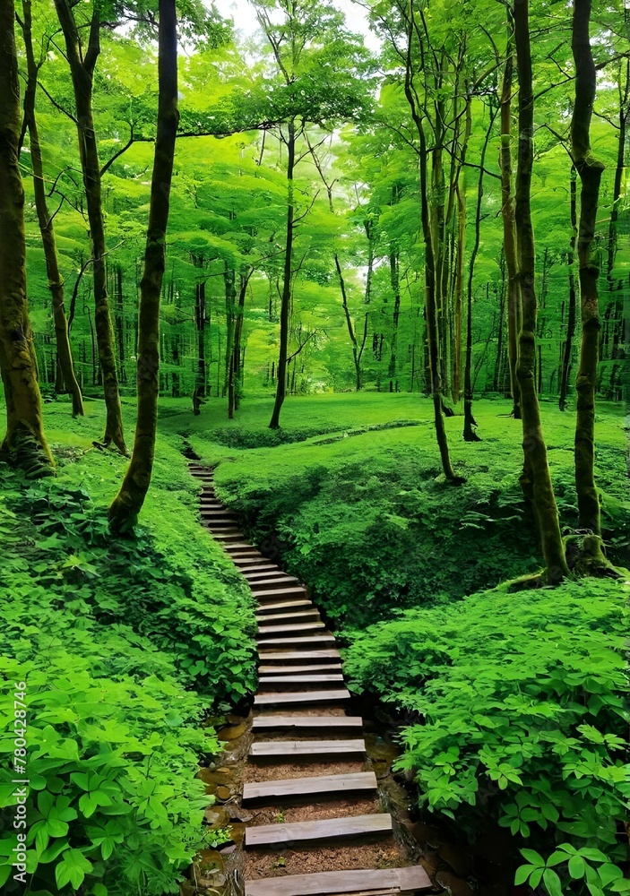 AI illustration of a wooden pathway through lush green forest AI illustration of a wooden pathway through lush green forest