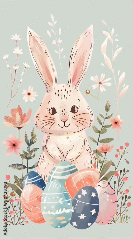 Obraz premium a cute little bunny is holding three colorful easter eggs in front of a floral background