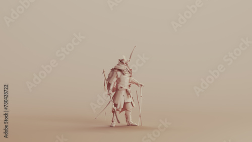 Japanese samurai warrior neutral backgrounds soft tones beige brown clay sculpt background right view 3d illustration render digital rendering