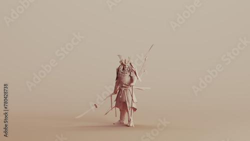 Japanese samurai warrior neutral backgrounds soft tones beige brown clay sculpt background front view 3d illustration render digital rendering