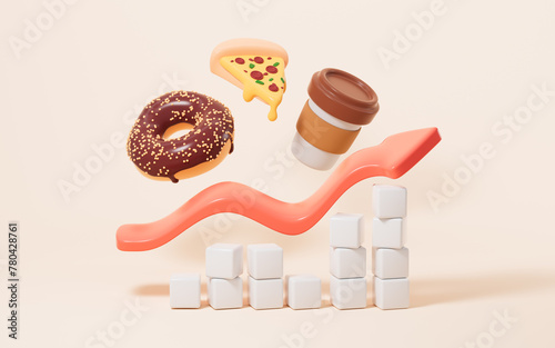 Doughnut, pizza,coffee and so on, fast food, diet and blood sugar, diet and medical concept, 3d rendering.