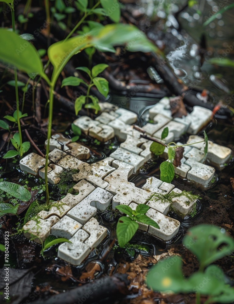 Obraz premium keyboard keys with moss, plants, and dirt laying on the ground