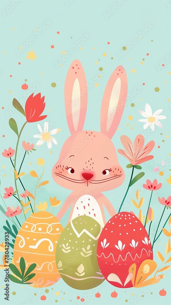 a card with a rabbit sitting in the grass and painted easter eggs a card with a rabbit sitting in the grass and painted easter eggs