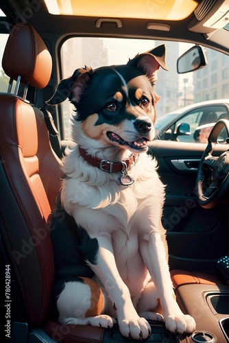 AI generated illustration of a brown dog sitting in a car © Wirestock