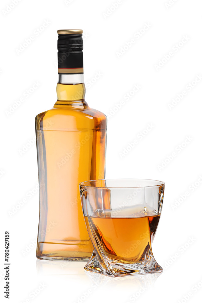 Glass and bottle of whiskey isolated on white Glass and bottle of whiskey isolated on white