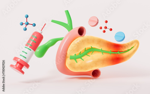 Human pancreas, gall bladder organ model, pancreatitis and drug therapy, 3d rendering.