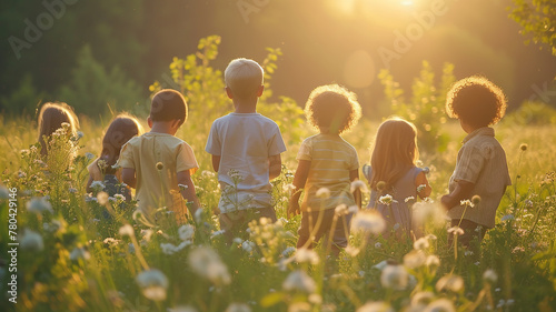 Children stand together among wildflowers and look at the sun on a summer day