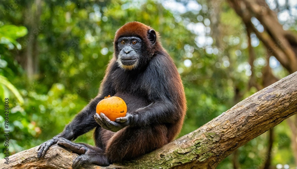 Obraz premium a black monkey sitting on a tree limb holding a fruit