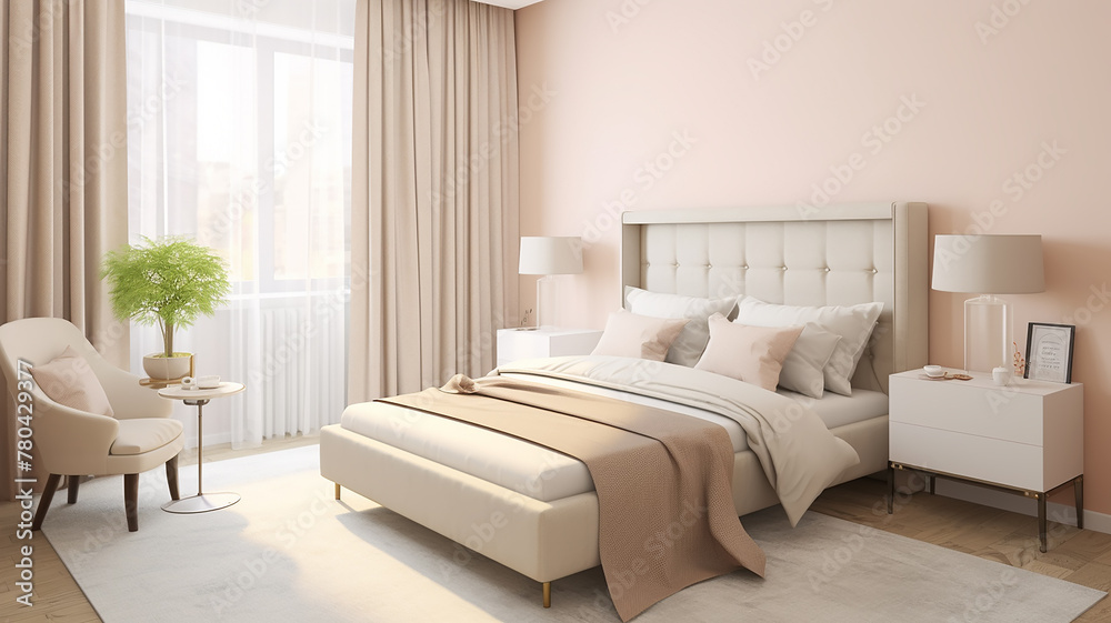 A cozy bedroom in pastel light beige colors, a double bed in the interior of the hotel room A cozy bedroom in pastel light beige colors, a double bed in the interior of the hotel room