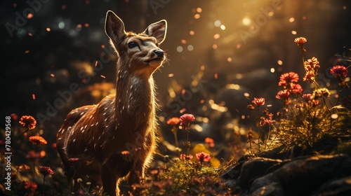 AI generated illustration of a deer in a green forest at golden hour