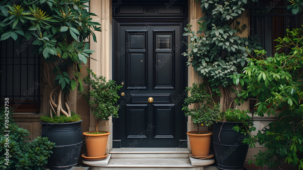  Black front door, front door of a house adorned potted plants. Front door, black front door