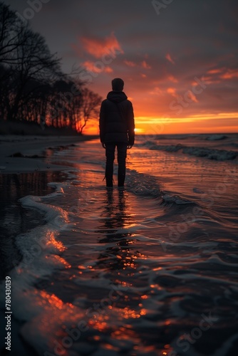 AI generated illustration of a person standing on the beach at sunset