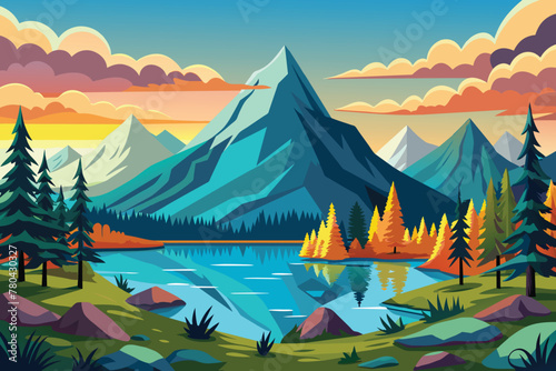 hand-drawn-vector-mountain-lake-forest-landscape. for kids background vector illustration. AI Generated.