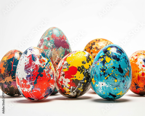 AI generated illustration of vibrant Easter eggs lined up on white backdrop