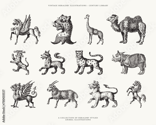 Set of Heraldic Wildlife Illustrations - Tiger, Wolf, Dragon, Unicorn, Camel, Rhino, Horse, Cheetah, and more!
