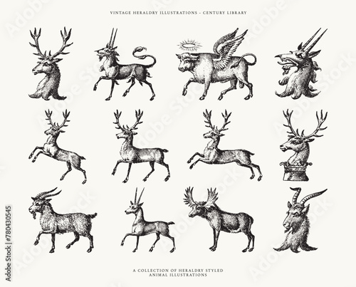 Set of Heraldry Crest Inspired Animal Icon Illustrations - Stag, Cow, Moose, Goat, and more