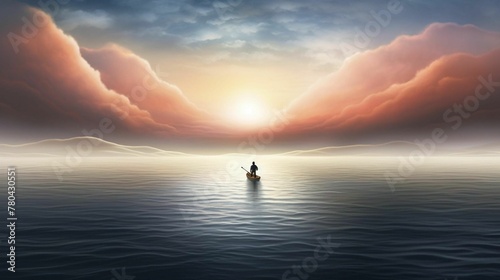 AI generated illustration of a man in a small boat in the middle of a vast ocean