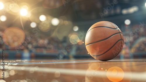 Close up of a basketball on the stadium court © Yuwarin