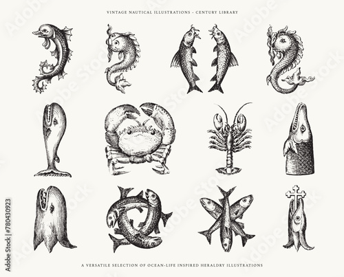Set of Ocean Themed Heraldic Crest Icon Illustrations - Crabs, Fish, Whale, Lobster, and Fish