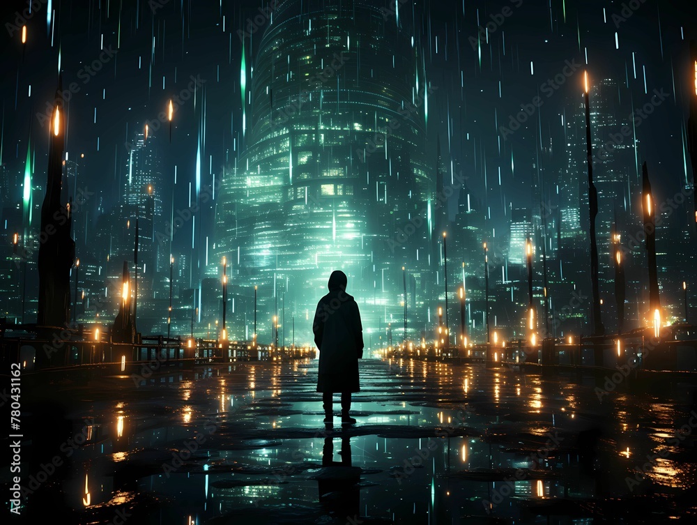 AI generated illustration of a person in the rain at night, illuminated by the shining city lights