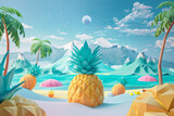 A tropical beach scene with palm trees, pineapples and umbrellas, in the background there is an oasis of cacti and mountains