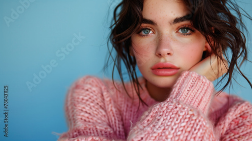 A woman with blue eyes is wearing a pink sweater. She is looking at the camera. Photo of pretty thoughtful lady dressed pink knitted shirt arm chin looking empty space isolated blue color background