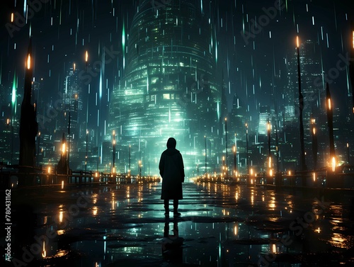 AI generated illustration of a person in the rain at night, illuminated by the shining city lights