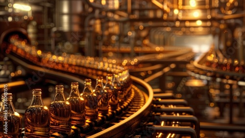 a brewery factory as beer bottles move along a conveyor belt, captured in a realistic stock photo, showcasing the intricate process of production and packaging.