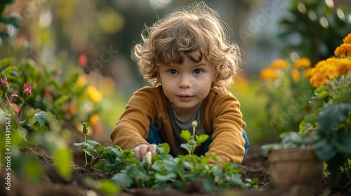 a little boy is crouching down on some plants and he is looking at something