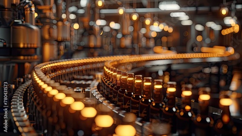 a brewery factory as beer bottles move along a conveyor belt, captured in a realistic stock photo, showcasing the intricate process of production and packaging.