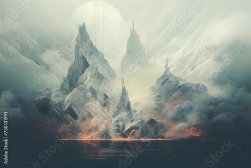 AI generated illustration of a majestic mountain range, with a billowing smoke stack and fog