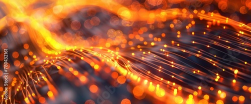abstract background of glowing orange light ripples and circles with golden fiber optic cables, bokeh effect, detailed, closeup,