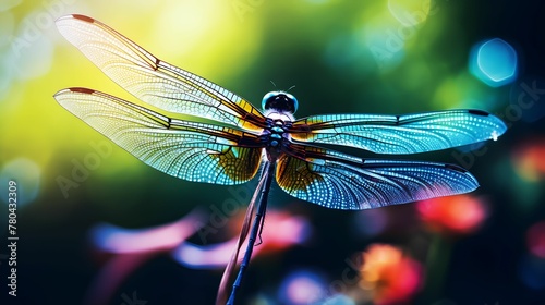 AI generated illustration of A vibrant dragonfly with a blurry background