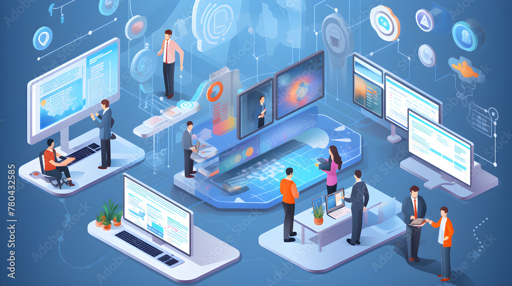 project management software, customer relationship management (CRM) systems, analytics dashboards, and communication platforms, isomeric vectors.Generative AI. project management software, customer relationship management (CRM) systems, analytics dashboards, and communication platforms, isomeric vectors.Generative AI.
