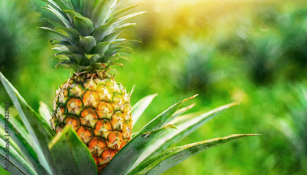 Extreme close-up of a ripe pineapple fruit on top of its mother plant. Blurred green nature background of a pineapple plantation. Generative Ai. Extreme close-up of a ripe pineapple fruit on top of its mother plant. Blurred green nature background of a pineapple plantation. Generative Ai.
