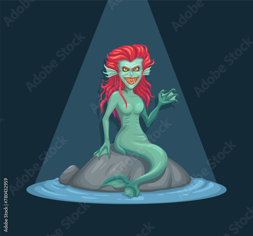 Scary Mermaid Siren mythical creature Cartoon Illustration Vector