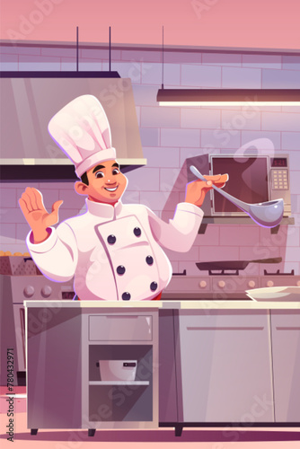Chef on restaurant kitchen interior cook food vector commercial illustration. Professional equipment and man character busy cooking scene. 3d dish preparation with cooker cartoon graphic background
