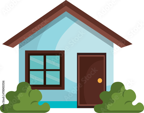 Vector illustration of a blue simple house with bushes in front 
