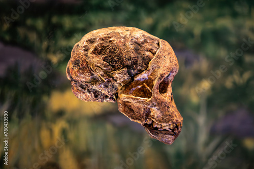 Human prehistoric skull, detail of archeology, history of mankind. Australopithecus africanus photo