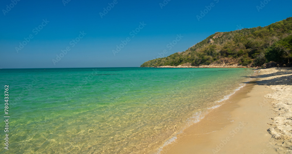Beautiful Landscape summer panorama front view nobody  tropical sea beach white sand clean and blue sky mountain look calm nature ocean wave water travel day time at Sai Kaew Beach Thailand Chonburi