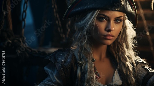 AI generated illustration of a young woman wearing a classic pirate costume